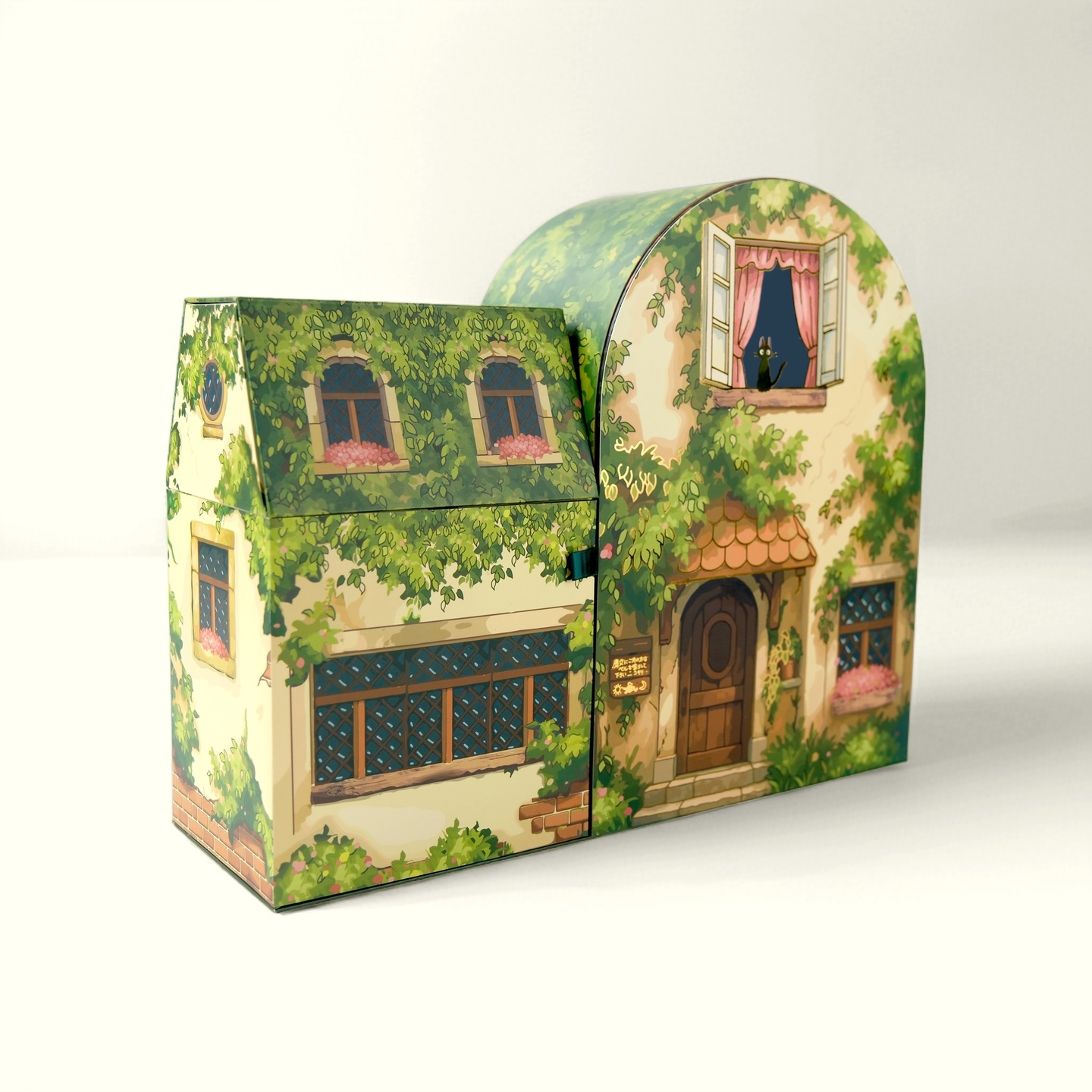 Decorative box designed like a quaint house with greenery and windows.